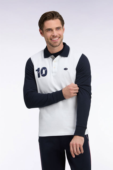 Polo à manches longues en piqué de coton peigné bicolore blanc XV de France - Image 1