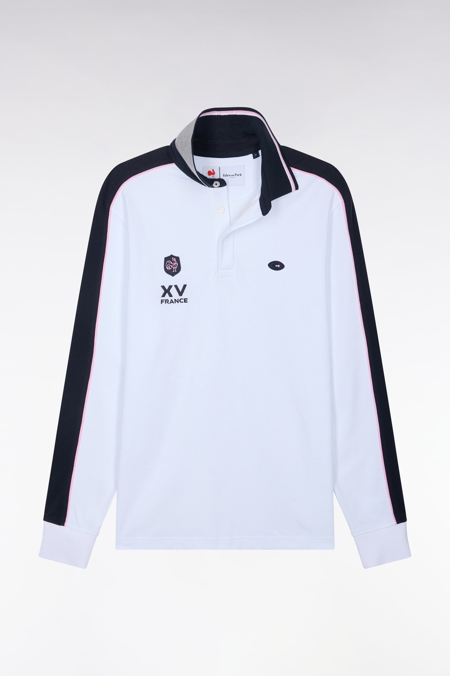 Polo à manches longues en piqué de coton peigné bicolore blanc XV de France