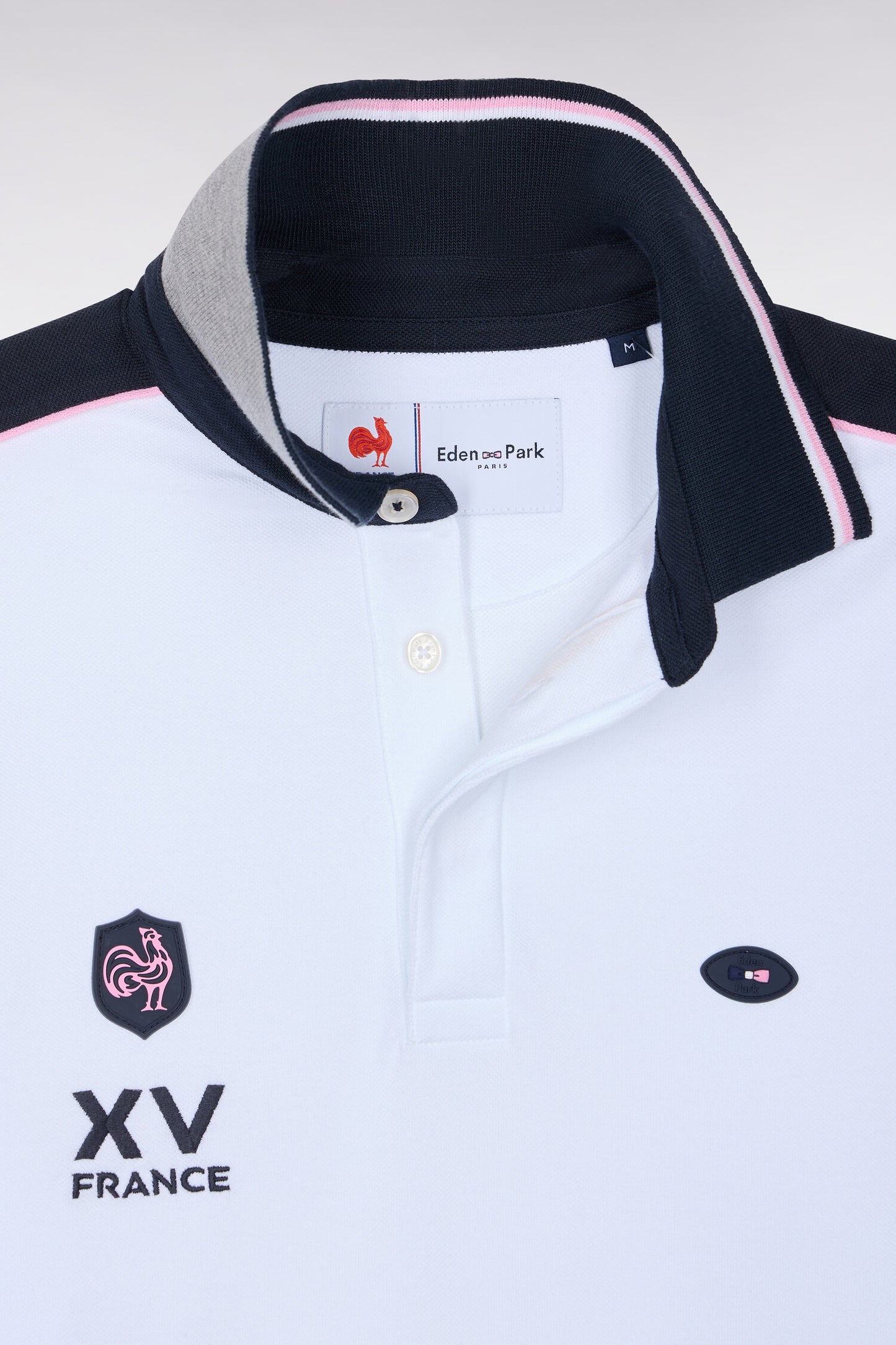 Polo à manches longues en piqué de coton peigné bicolore blanc XV de France
