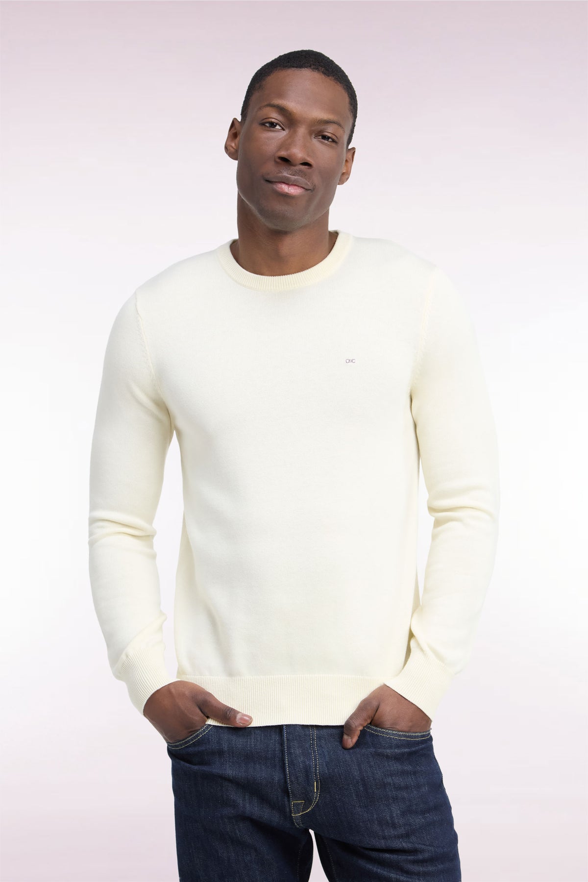 Pull col rond en laine et coton écru coupe droite
