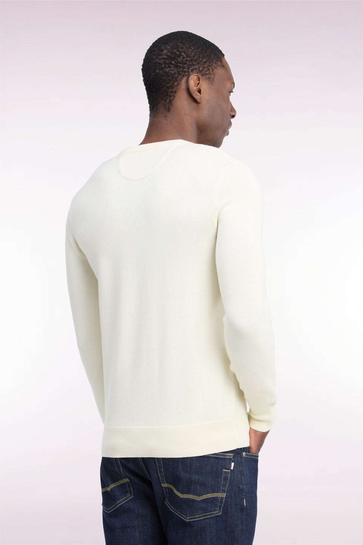Pull col rond en laine et coton écru coupe droite
