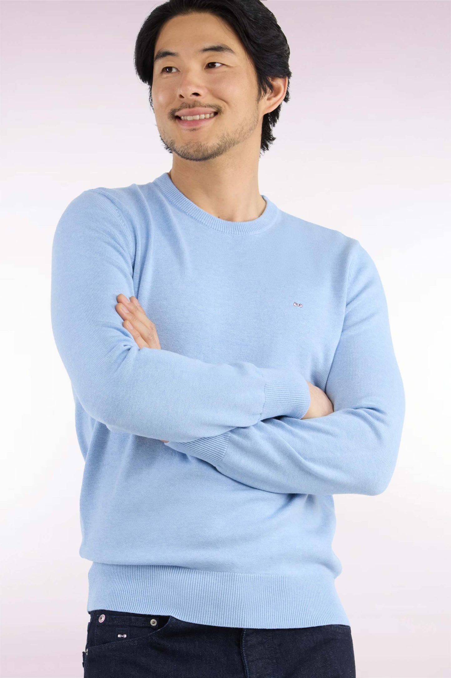 Pull col rond en laine et coton ciel coupe droite