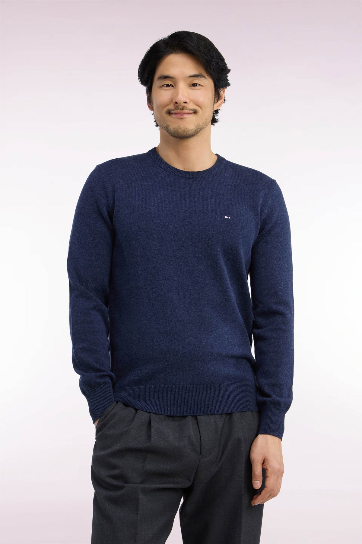 Pull col rond en laine et coton bleu coupe droite