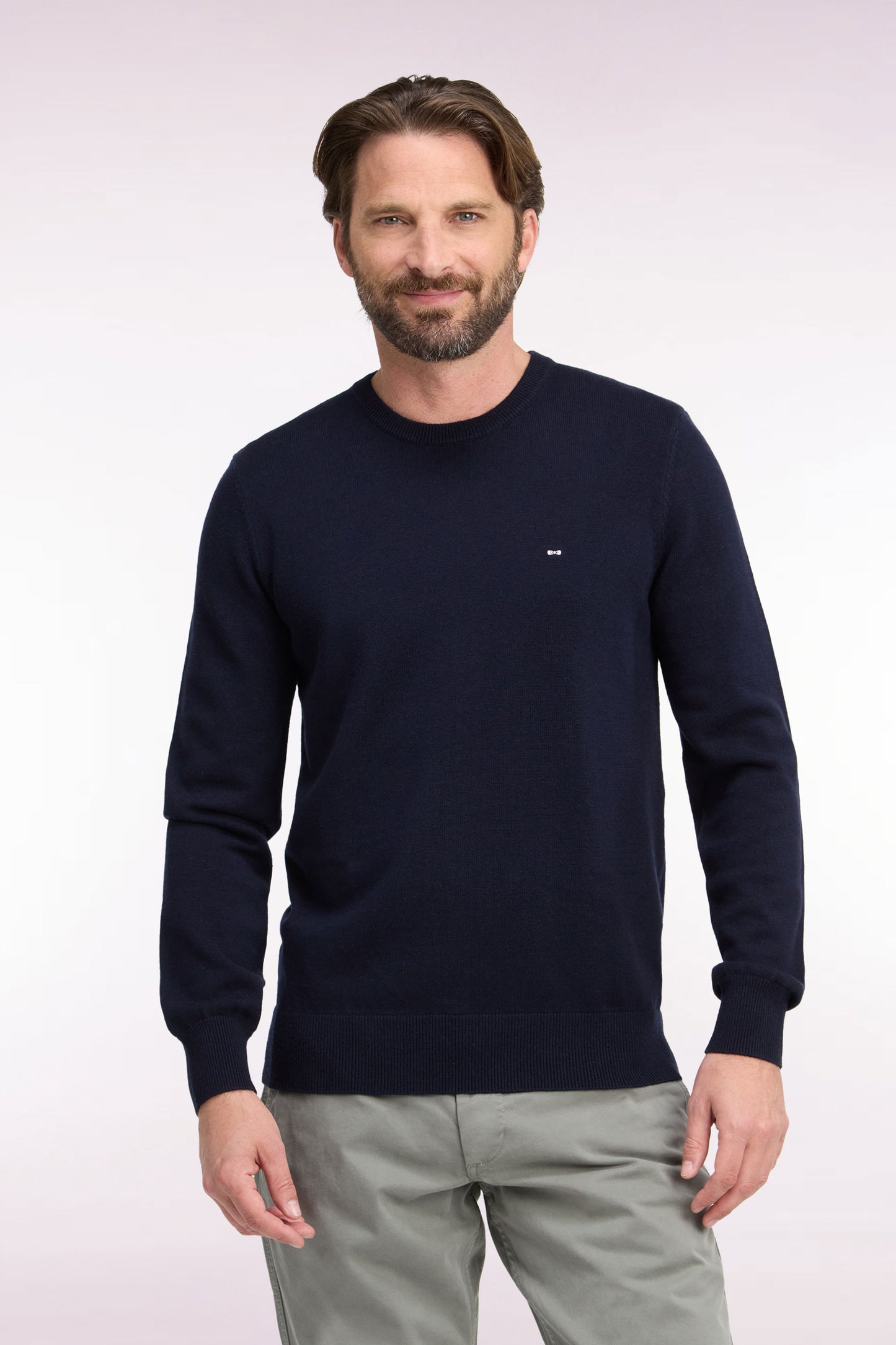 Pull col rond en laine et coton marine coupe droite