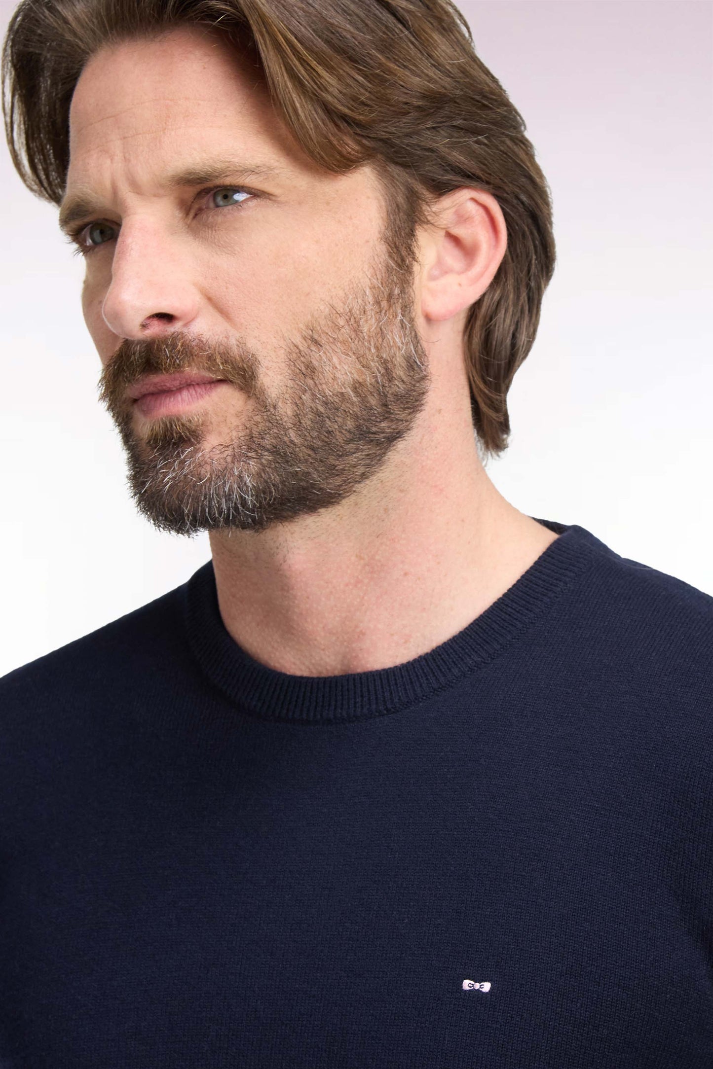 Pull col rond en laine et coton marine coupe droite