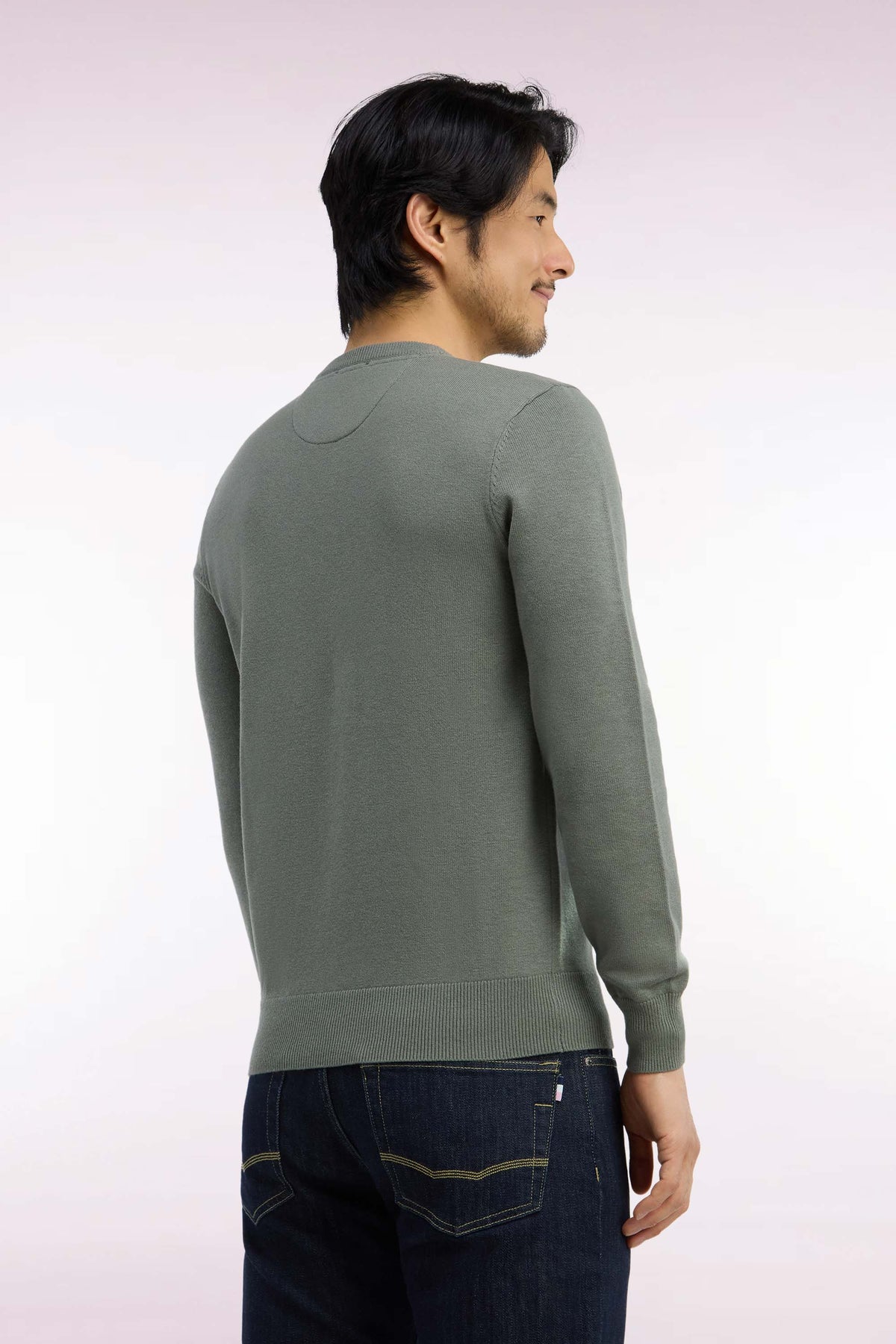 Pull col rond en laine et coton vert olive coupe droite