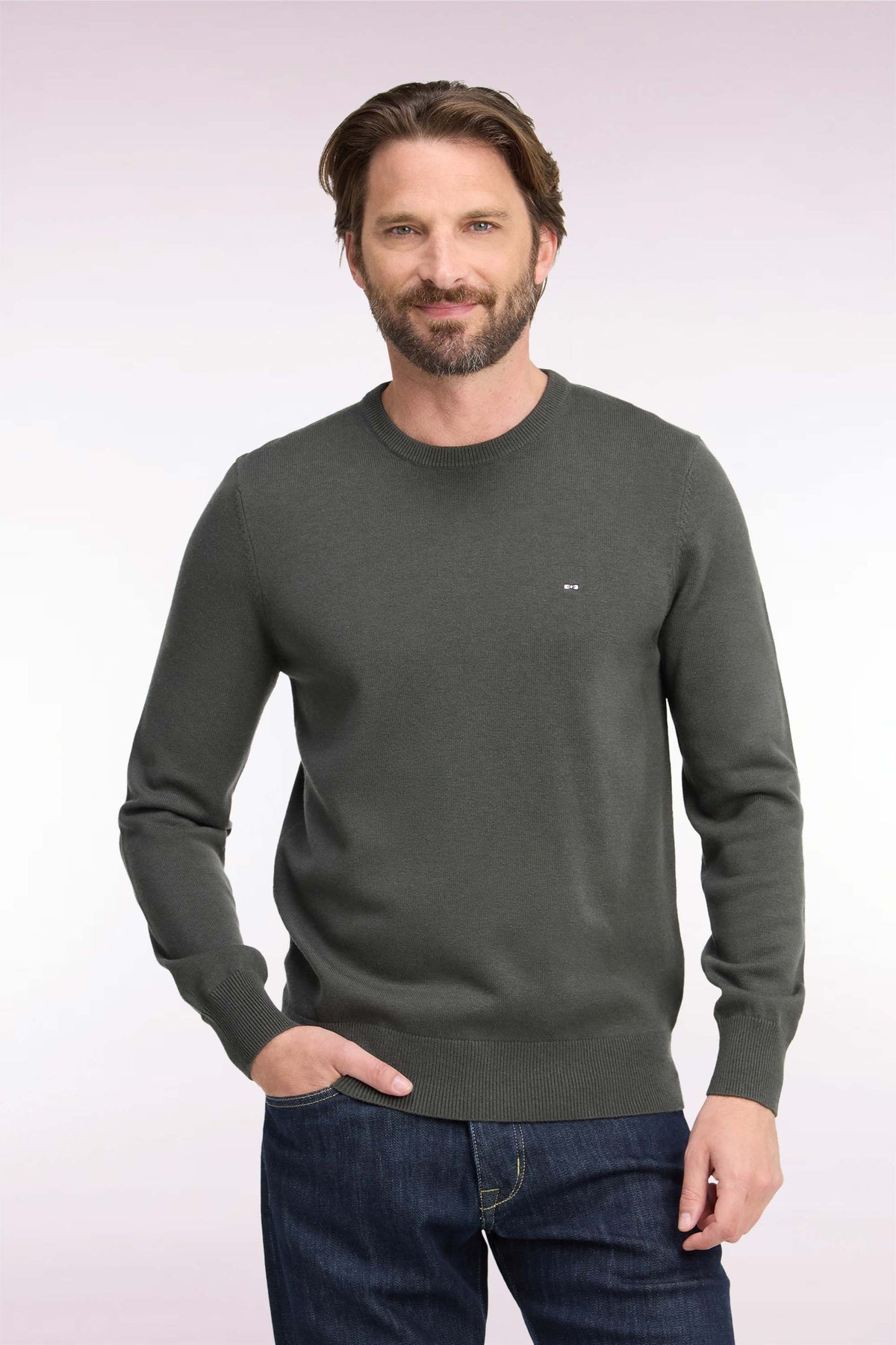 Pull col rond en laine et coton kaki coupe droite