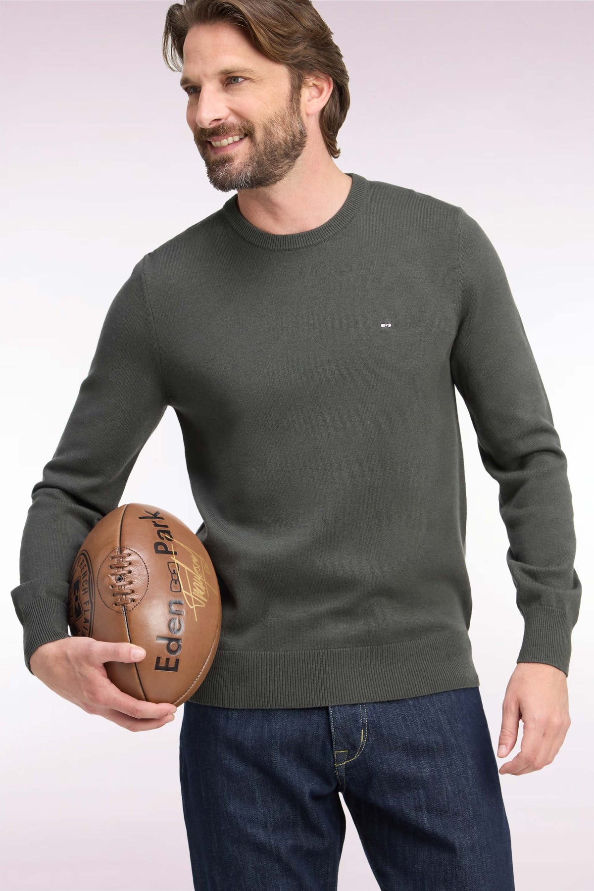 Pull col rond en laine et coton kaki coupe droite