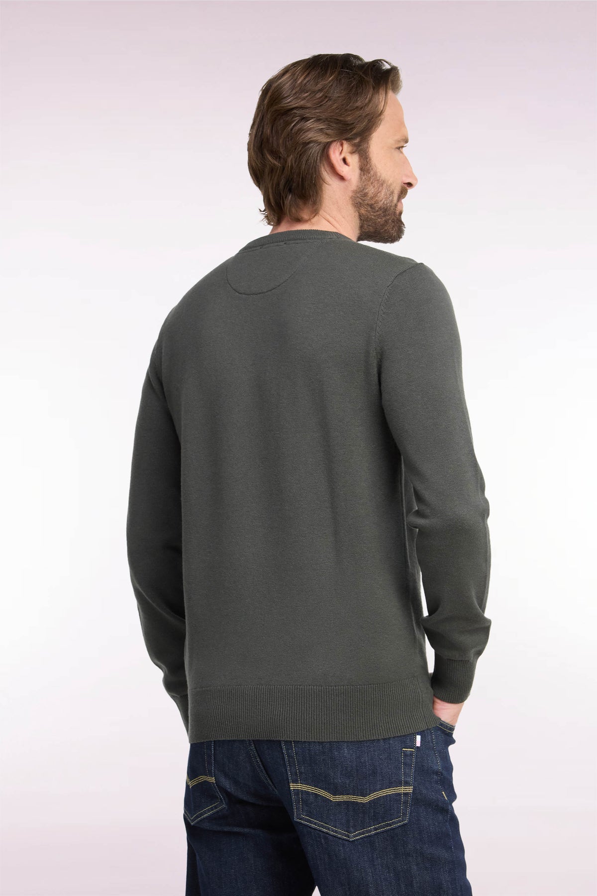 Pull col rond en laine et coton kaki coupe droite