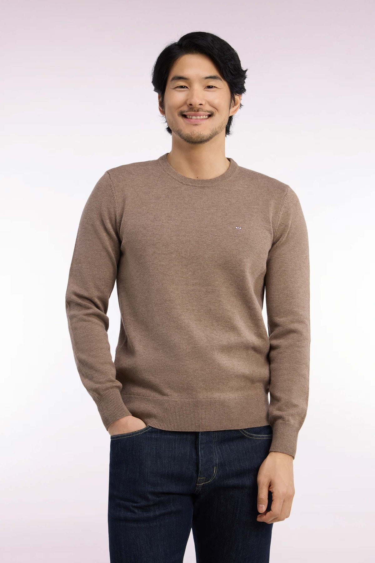 Round neck sweater in brown wool and cotton, straight cut