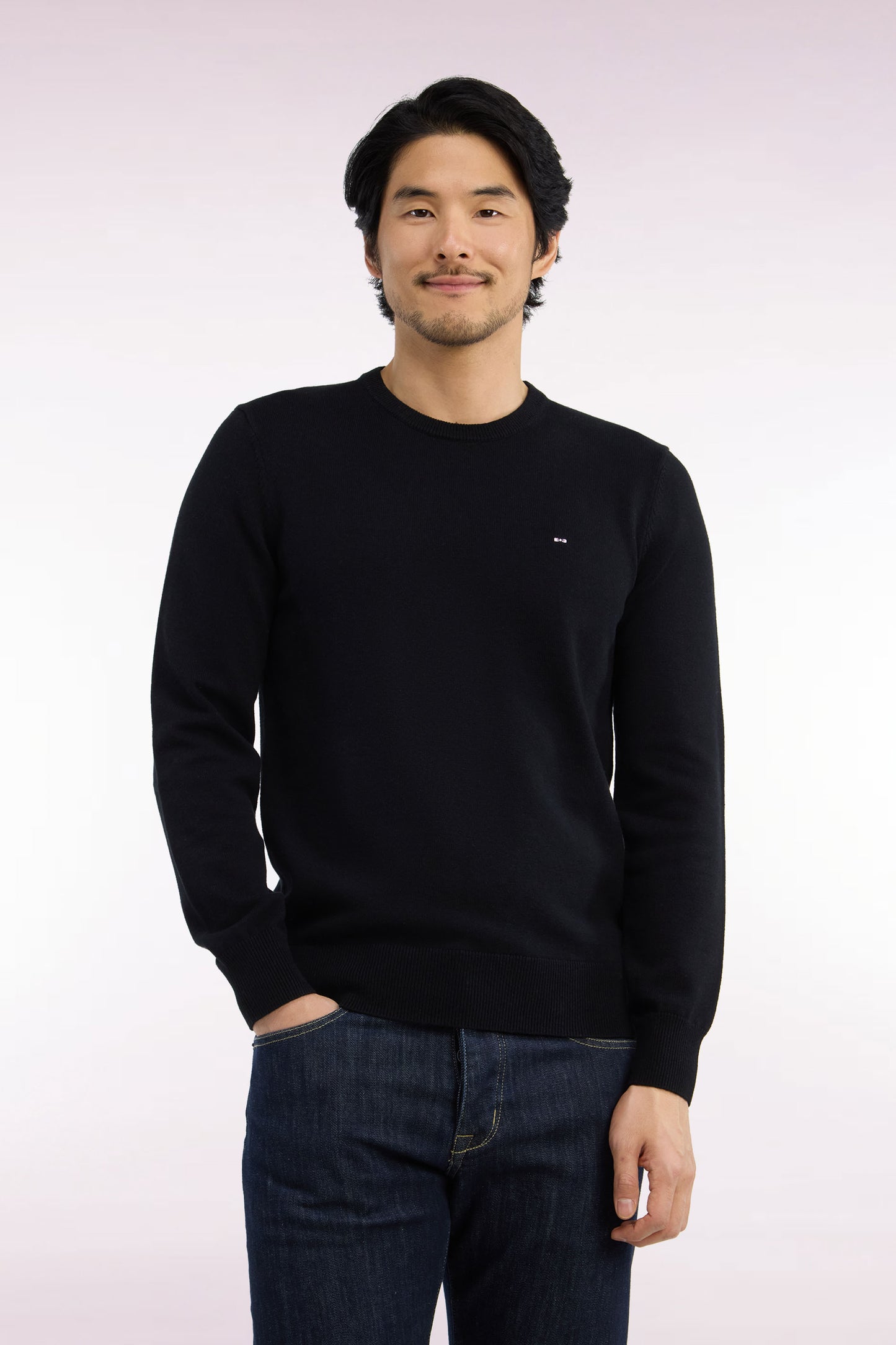 Pull col rond en laine et coton noir coupe droite