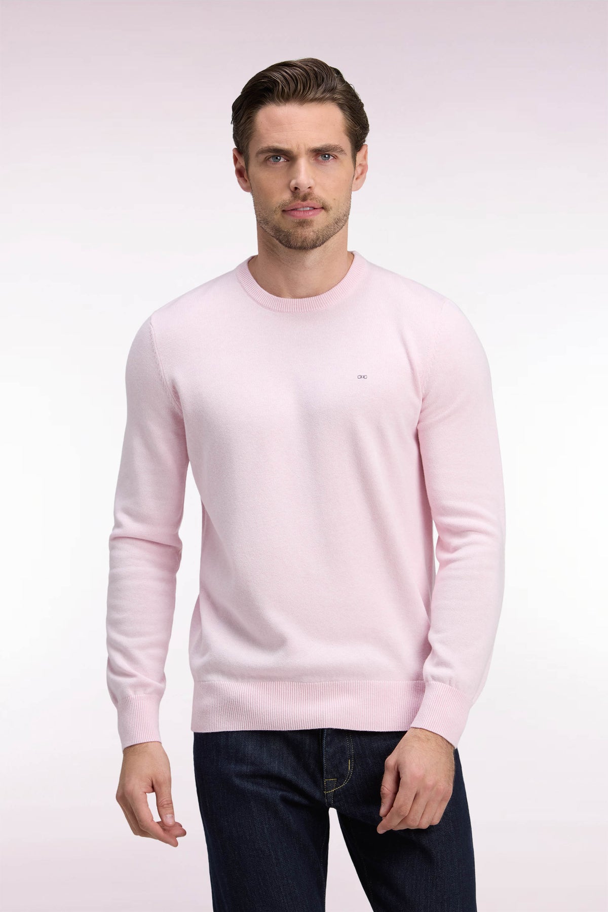 Pull col rond en laine et coton rose coupe droite
