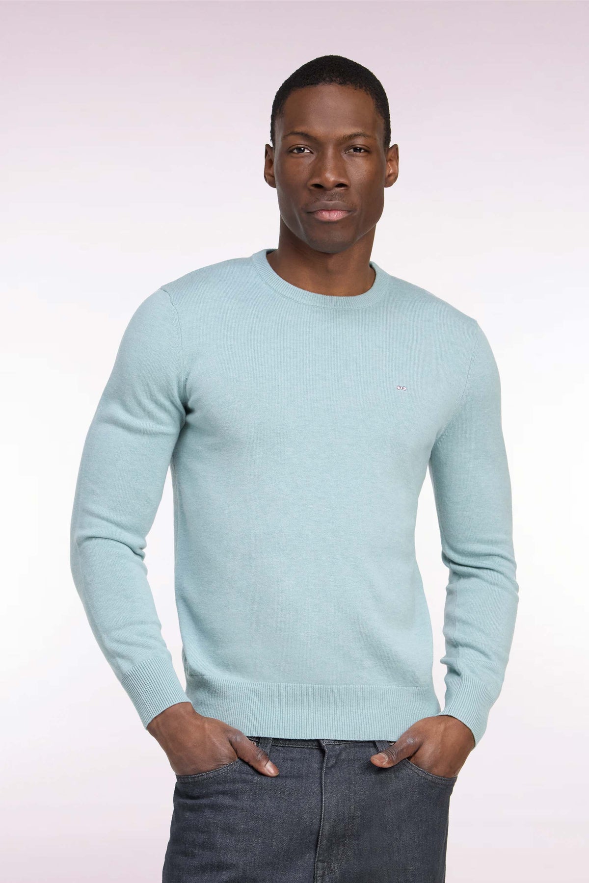 Pull col rond en laine et coton vert d'eau coupe droite