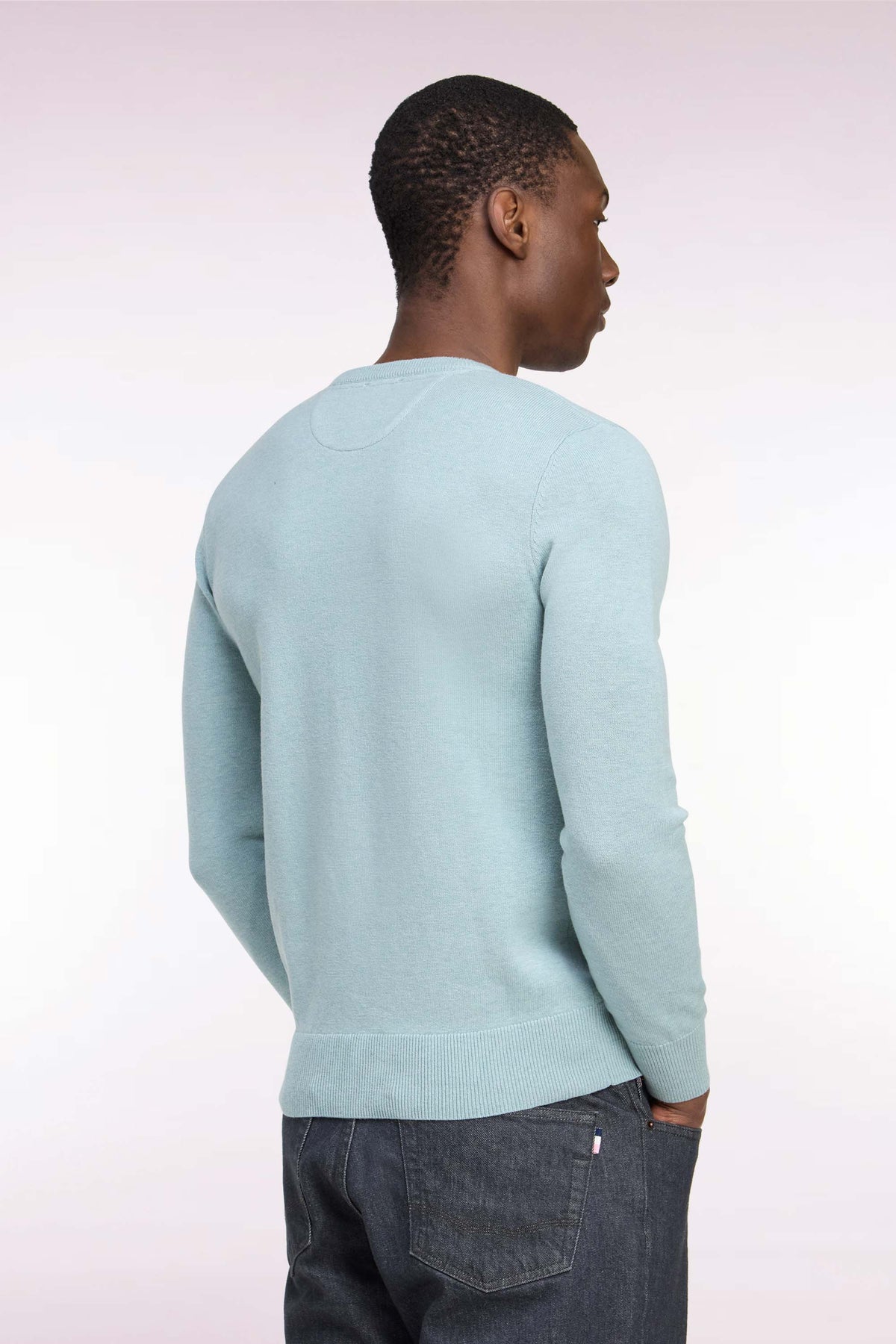 Pull col rond en laine et coton vert d'eau coupe droite