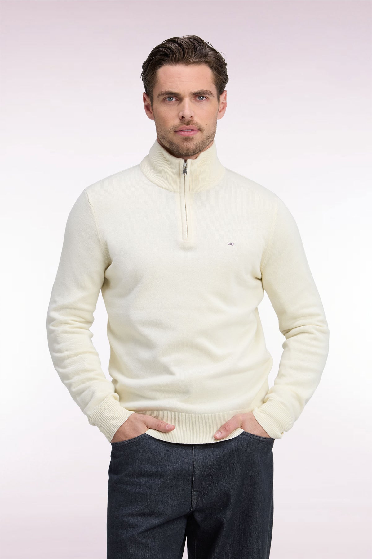 Pull col camionneur en laine et coton écru coupe droite