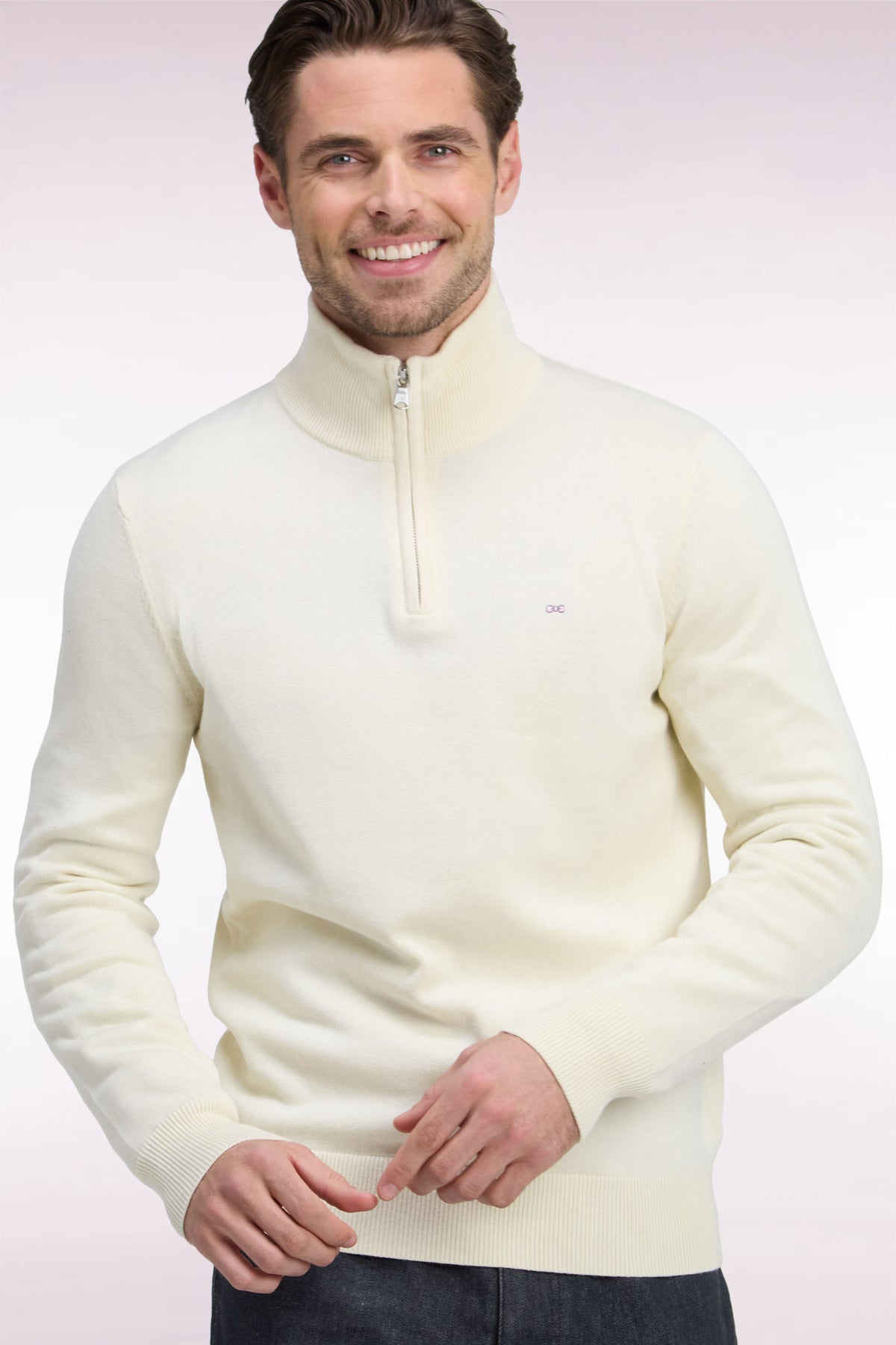 Pull col camionneur en laine et coton écru coupe droite