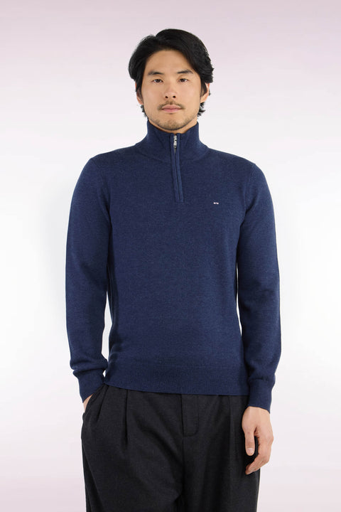 Pull col camionneur en laine et coton bleu coupe droite - Image 3