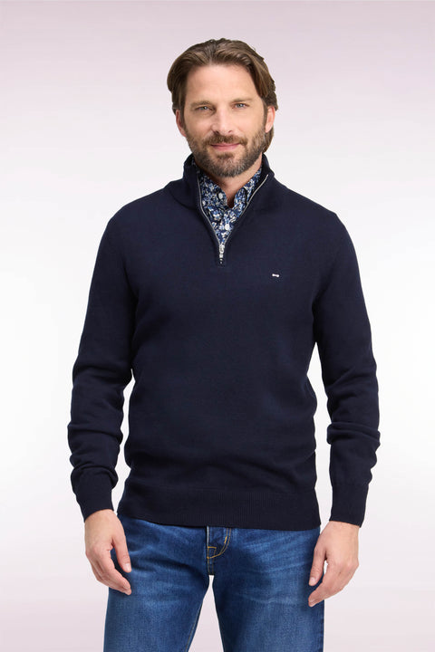 Pull col camionneur en laine et coton marine coupe droite - Image 3