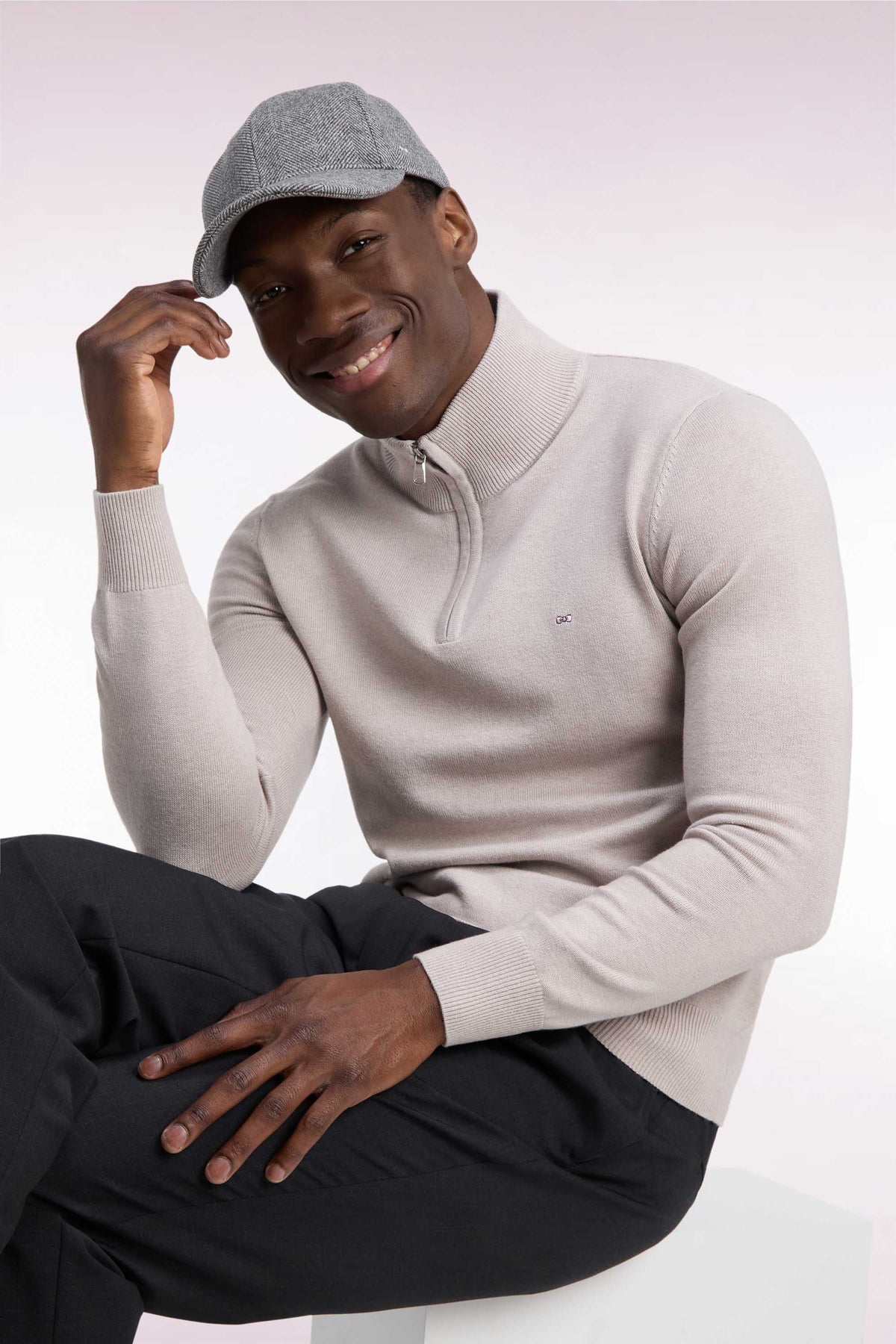 Pull col camionneur en laine et coton gris coupe droite
