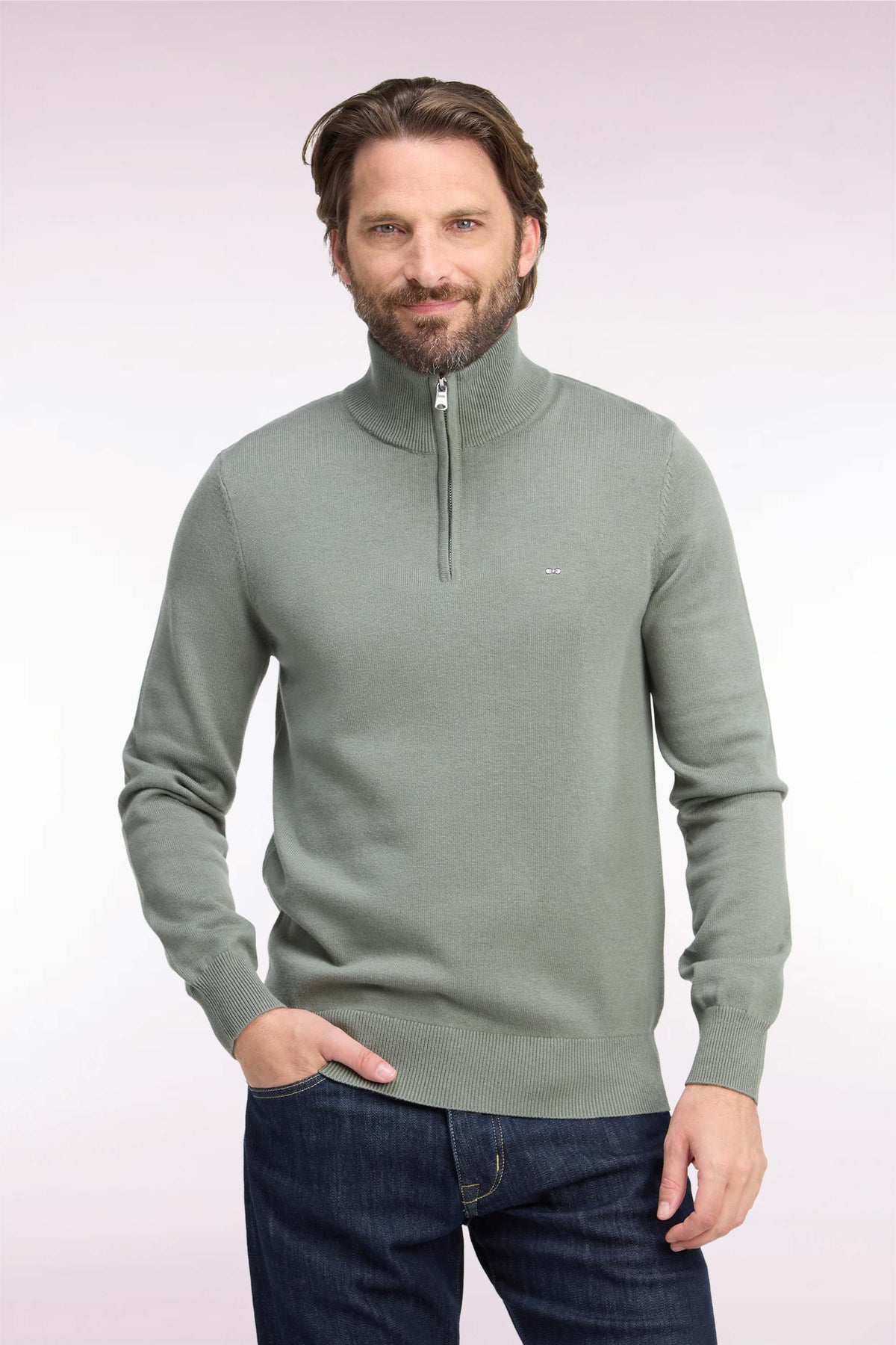 Pull col camionneur en laine et coton vert olive coupe droite