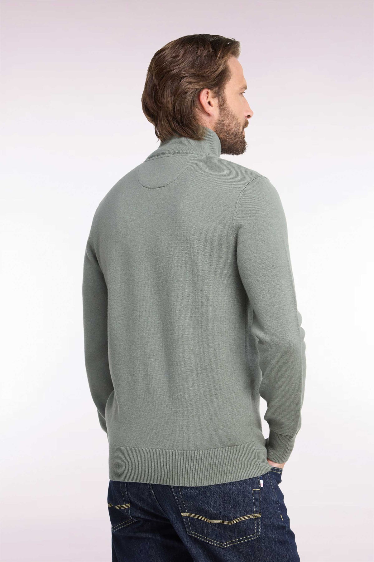 Pull col camionneur en laine et coton vert olive coupe droite