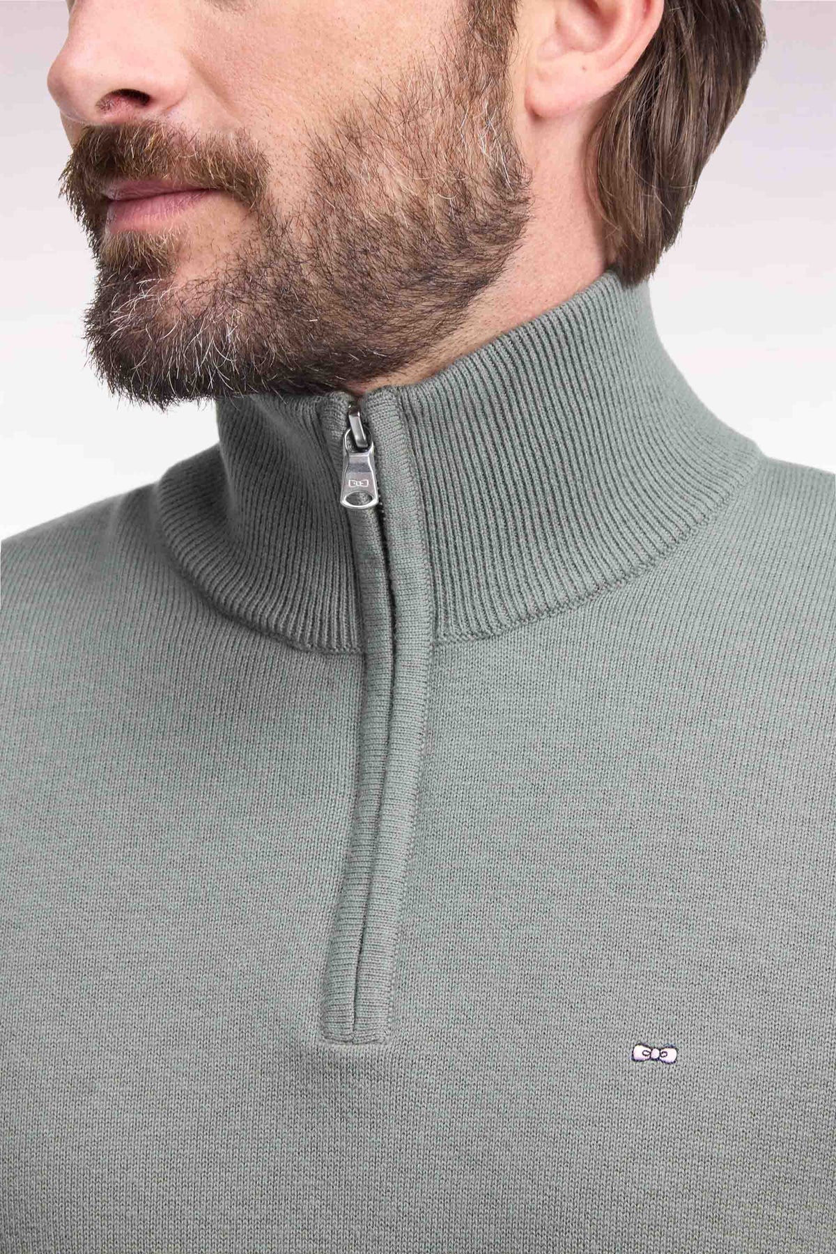Pull col camionneur en laine et coton vert olive coupe droite