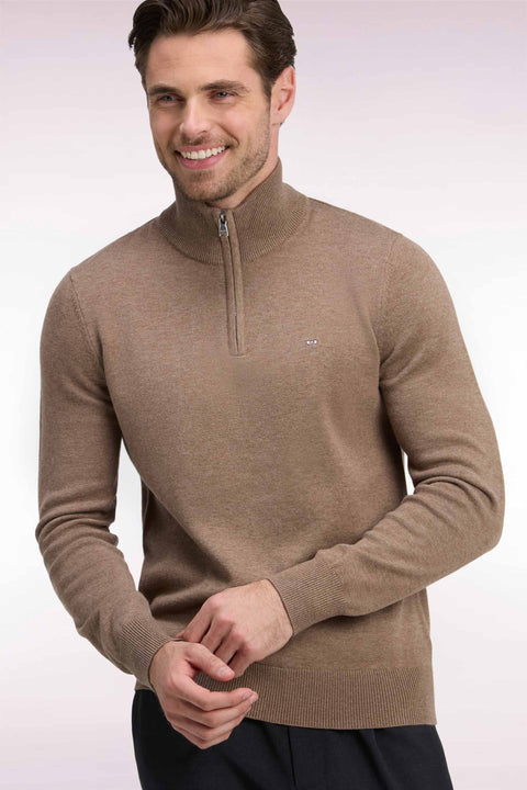 Pull col camionneur en laine et coton marron coupe droite - Image 1
