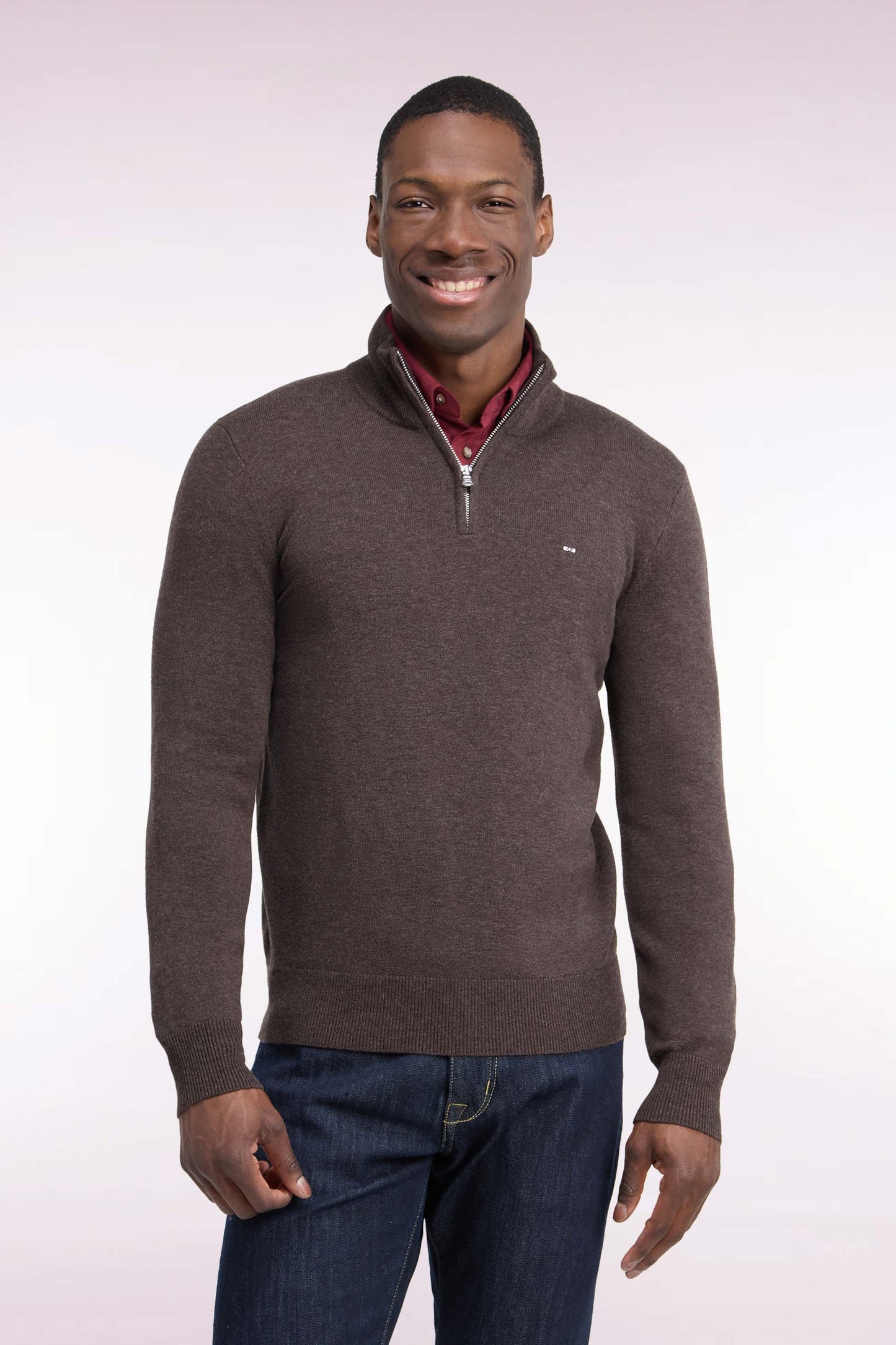 Pull col camionneur en laine et coton marron coupe droite