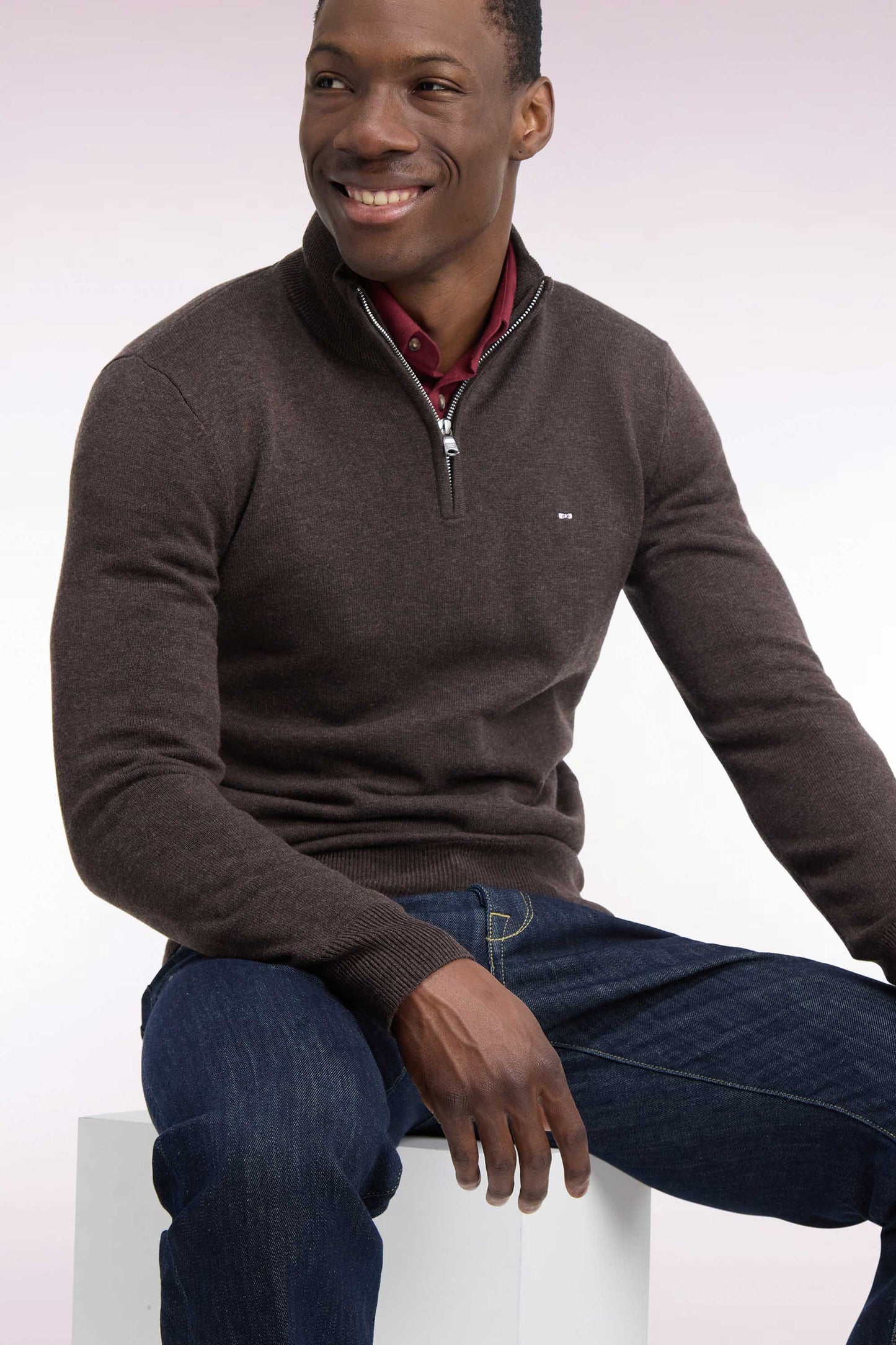 Pull col camionneur en laine et coton marron coupe droite