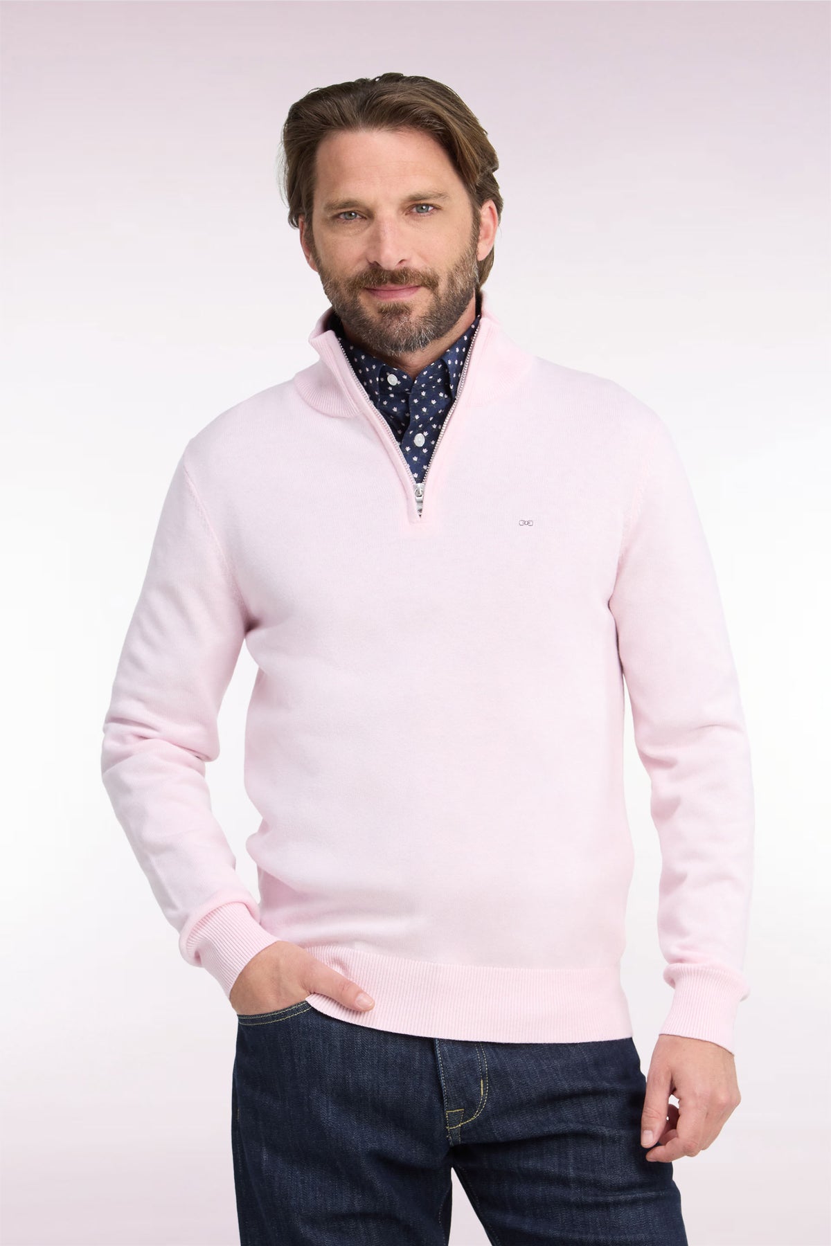 Pull col camionneur en laine et coton rose coupe droite