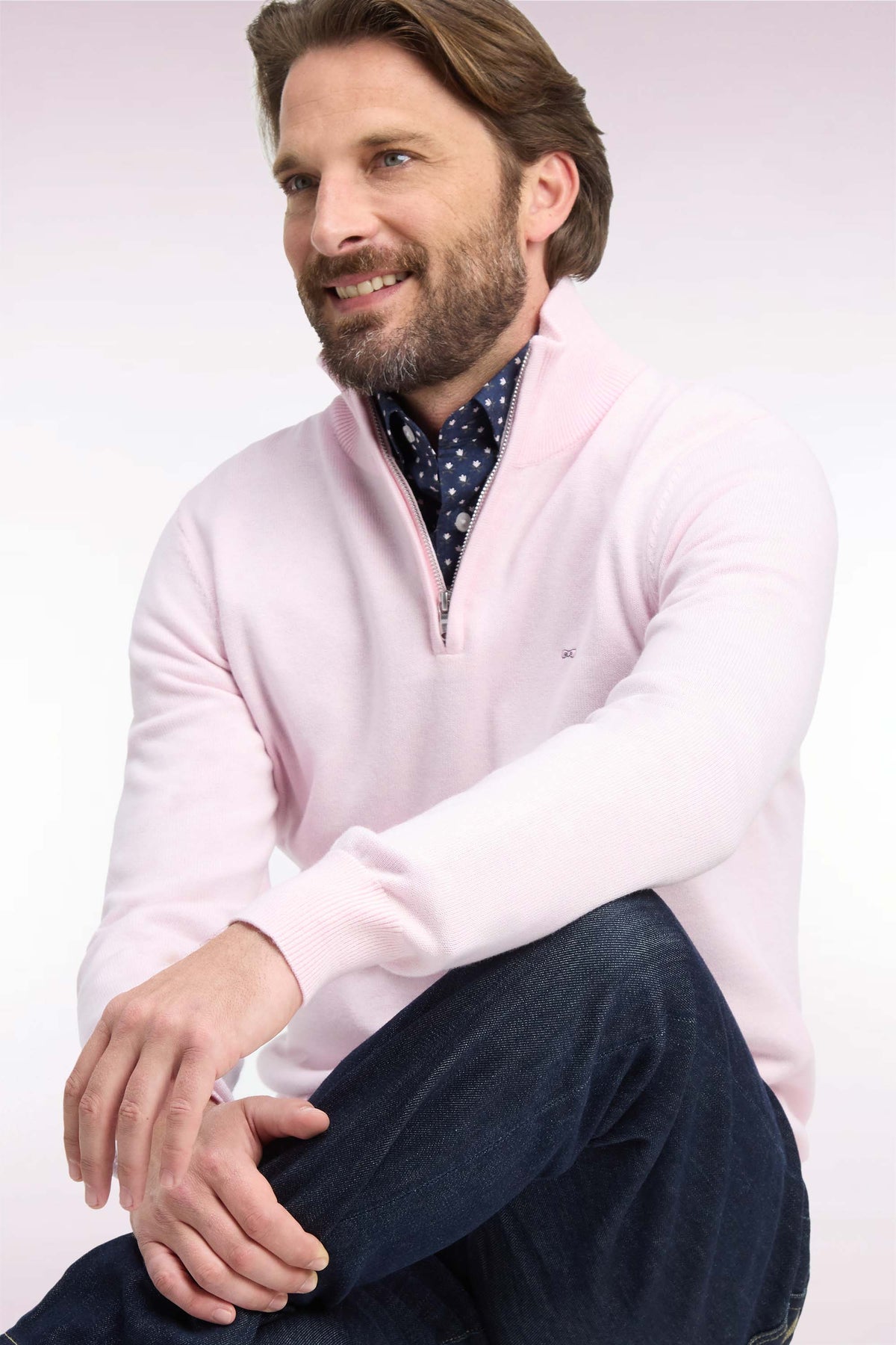 Pull col camionneur en laine et coton rose coupe droite