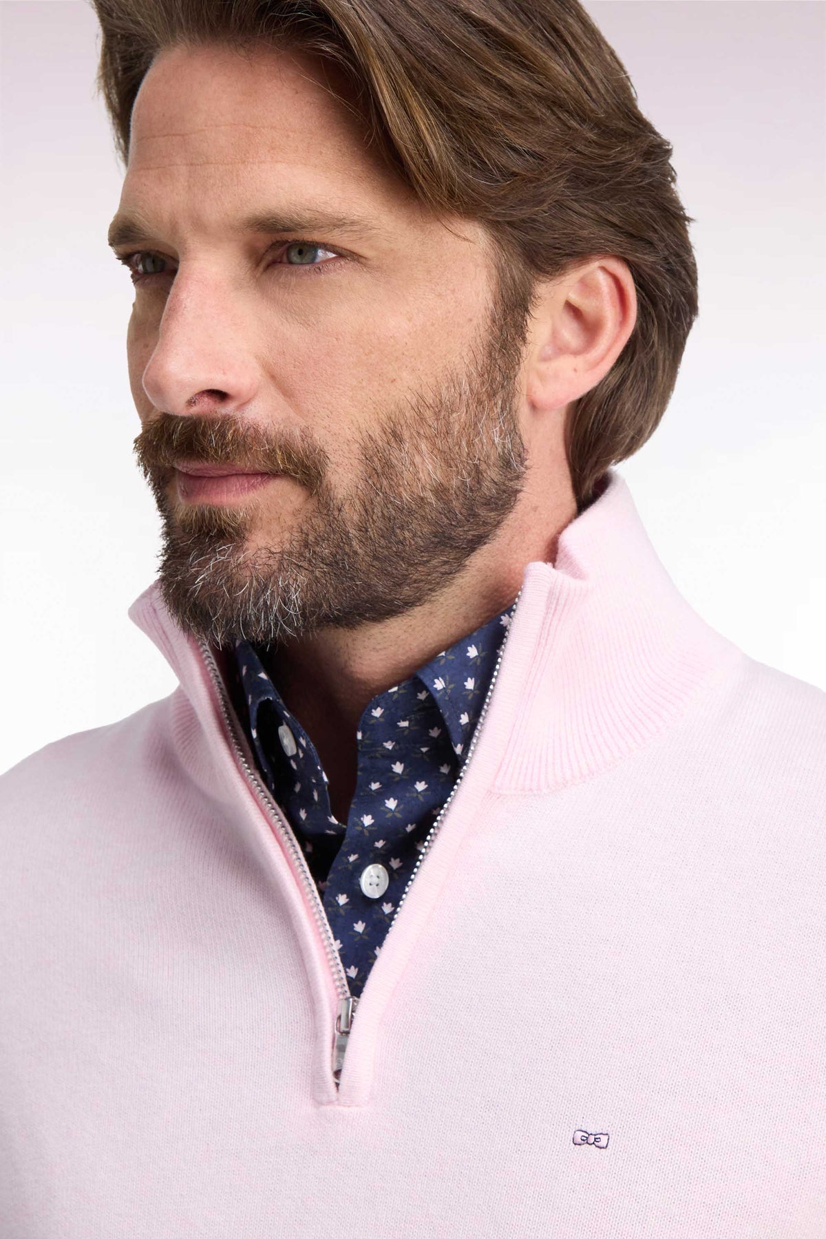 Pull col camionneur en laine et coton rose coupe droite