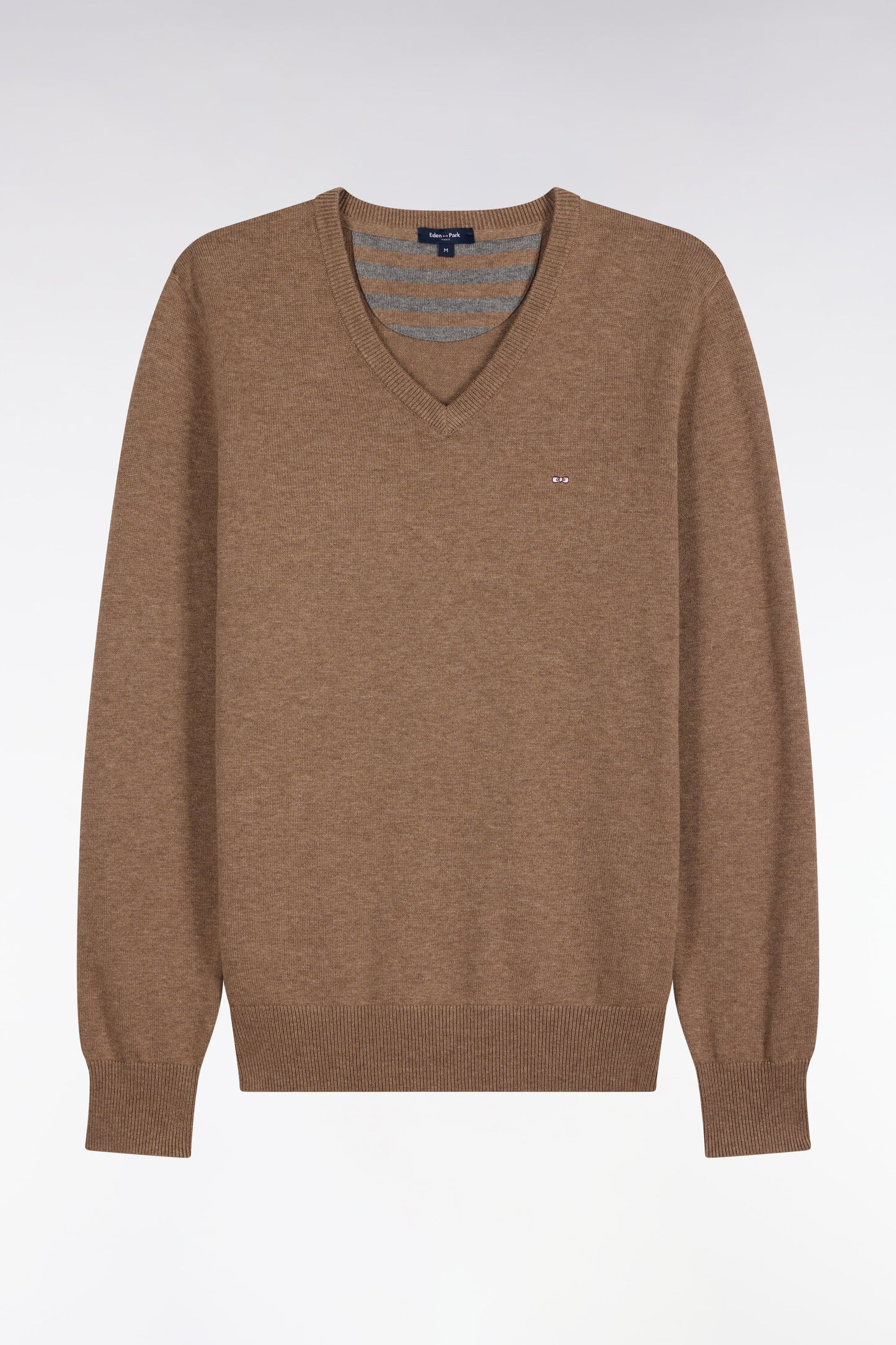 Pull col V en laine et coton marron coupe droite