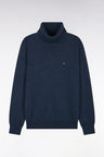 Pull col roulé en laine et coton bleu coupe droite