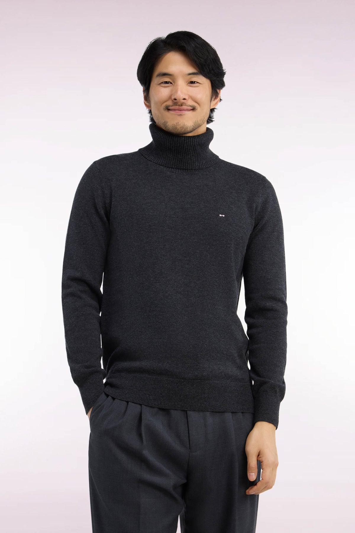 Pull col roulé en laine et coton gris foncé coupe droite