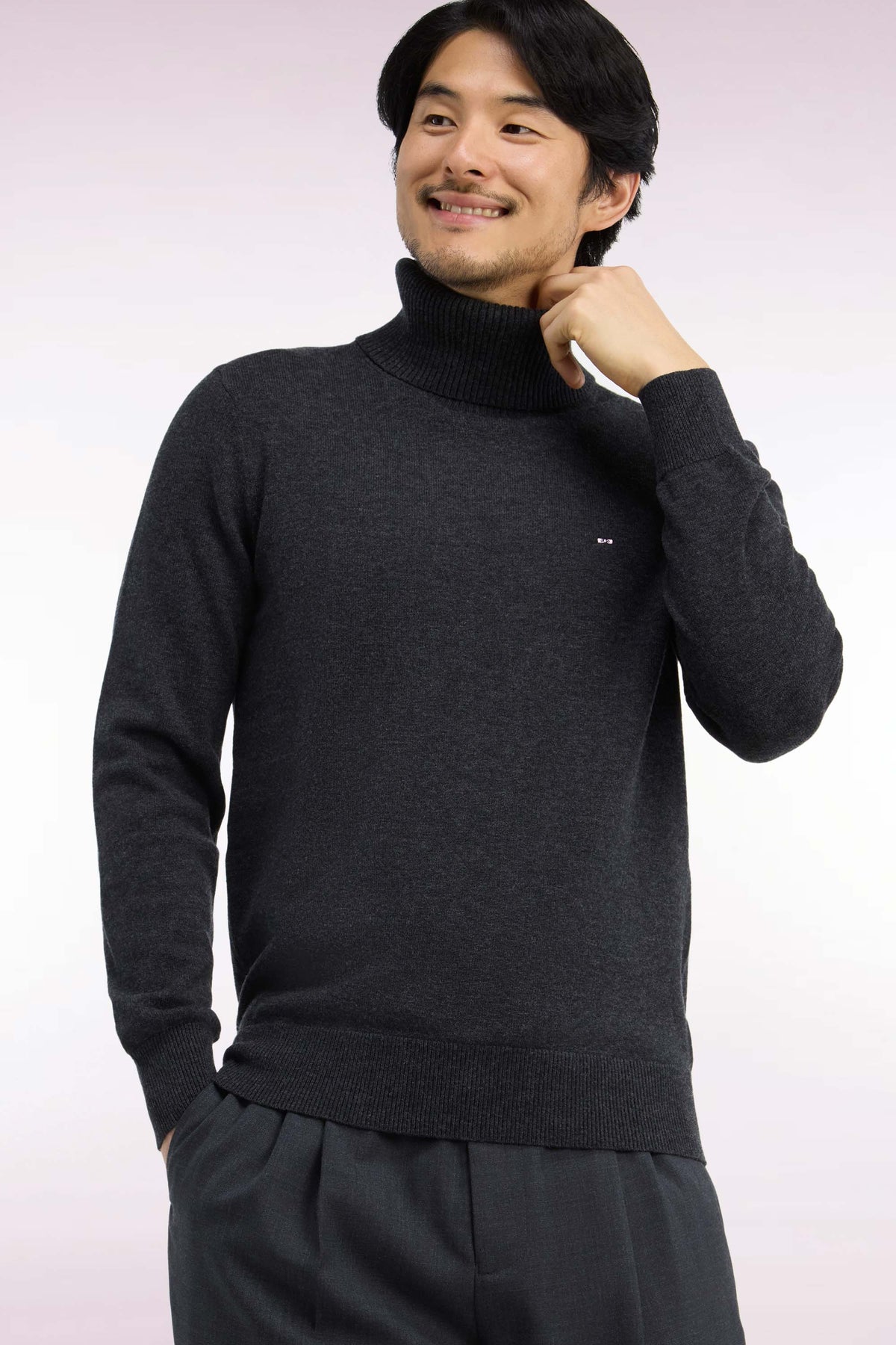 Pull col roulé en laine et coton gris foncé coupe droite