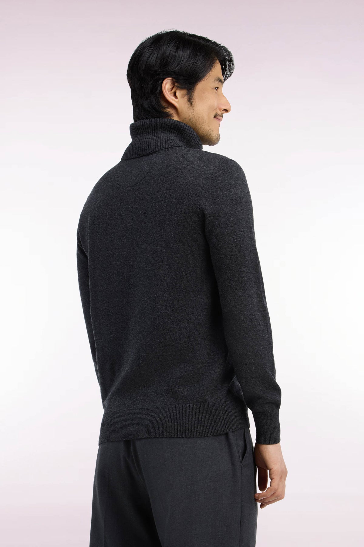 Pull col roulé en laine et coton gris foncé coupe droite