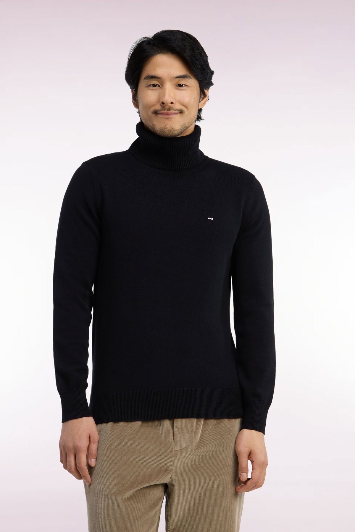Pull col roulé en laine et coton noir coupe droite
