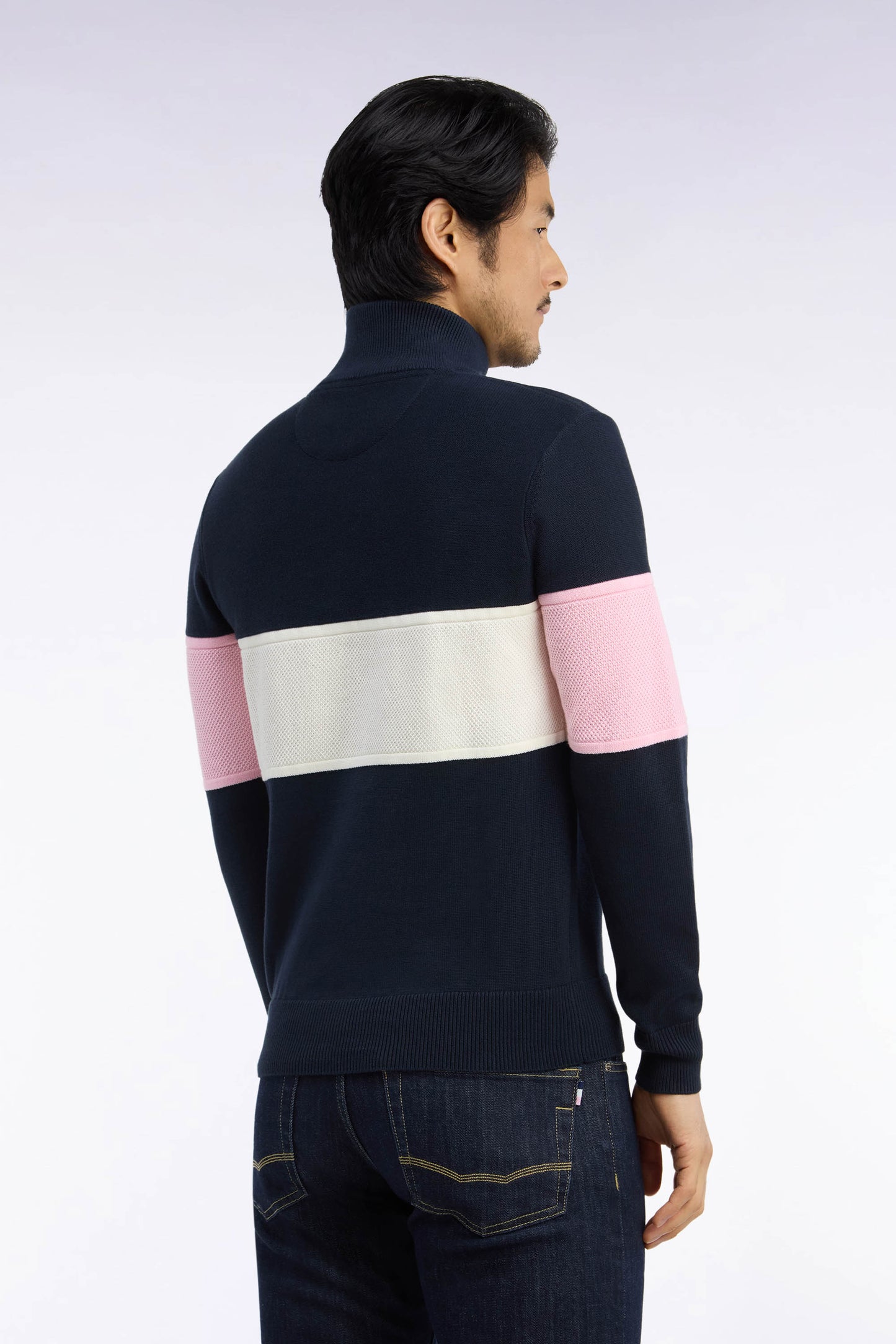 Pull à col camionneur zippé en coton marine à découpe tricolore coupe droite