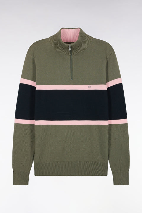 Pull à col camionneur en coton vert olive à découpes contrastées coupe droite - Image 2