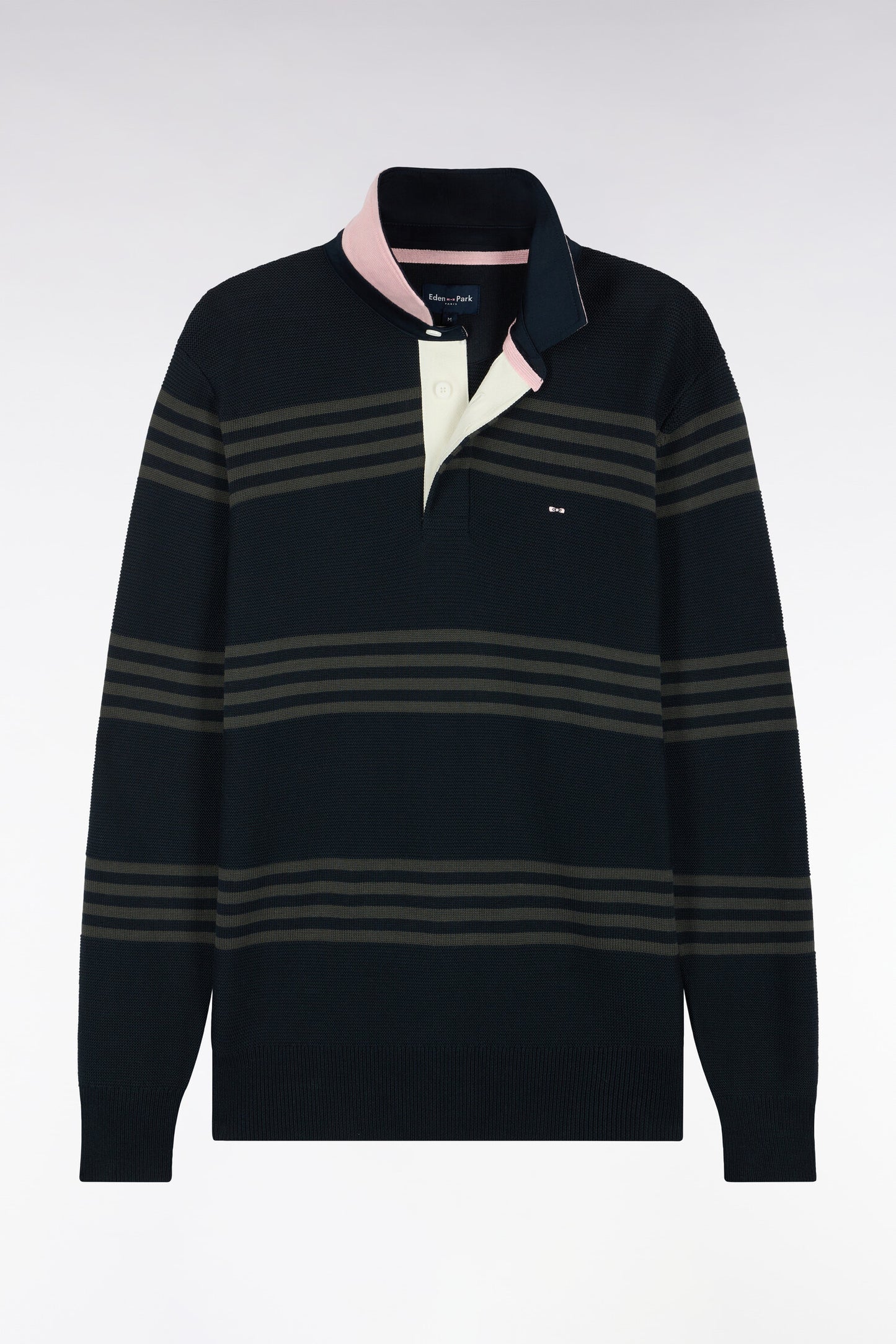 Pull à col maillot en coton kaki et marine coupe droite