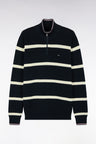 Pull rayé à col camionneur zippé en coton marine et écru coupe droite