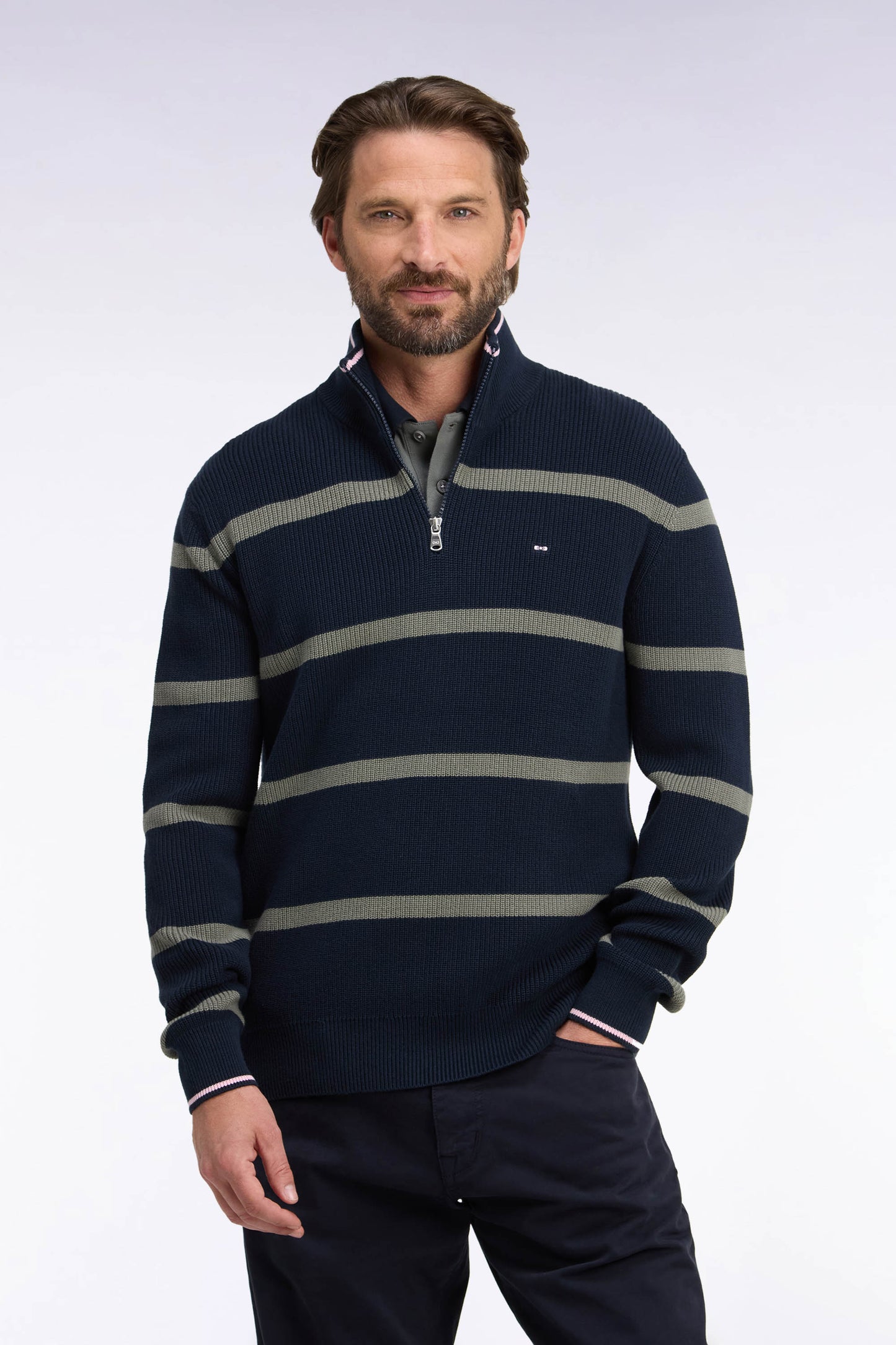 Pull rayé à col camionneur zippé en coton marine et kaki coupe droite