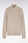 Pull à torsades à col camionneur en coton beige coupe droite