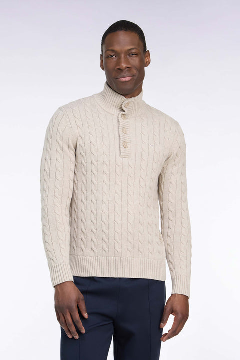 Pull à torsades col boutonné en coton beige coupe droite - Image 3