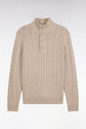 Pull à torsades col boutonné en coton beige coupe droite