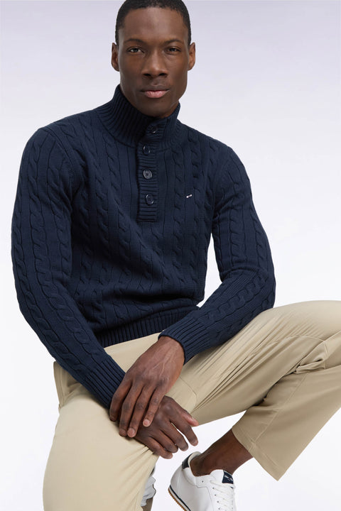 Pull à torsades col boutonné en coton marine coupe droite - Image 1