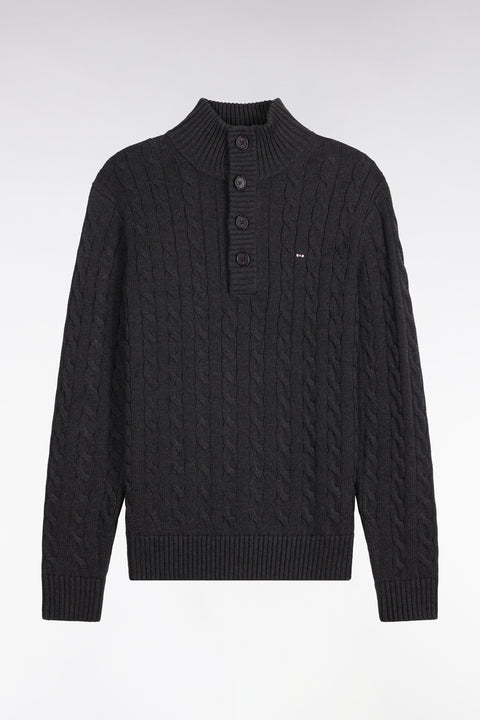 Pull à torsades col boutonné en coton gris coupe droite - Image 2