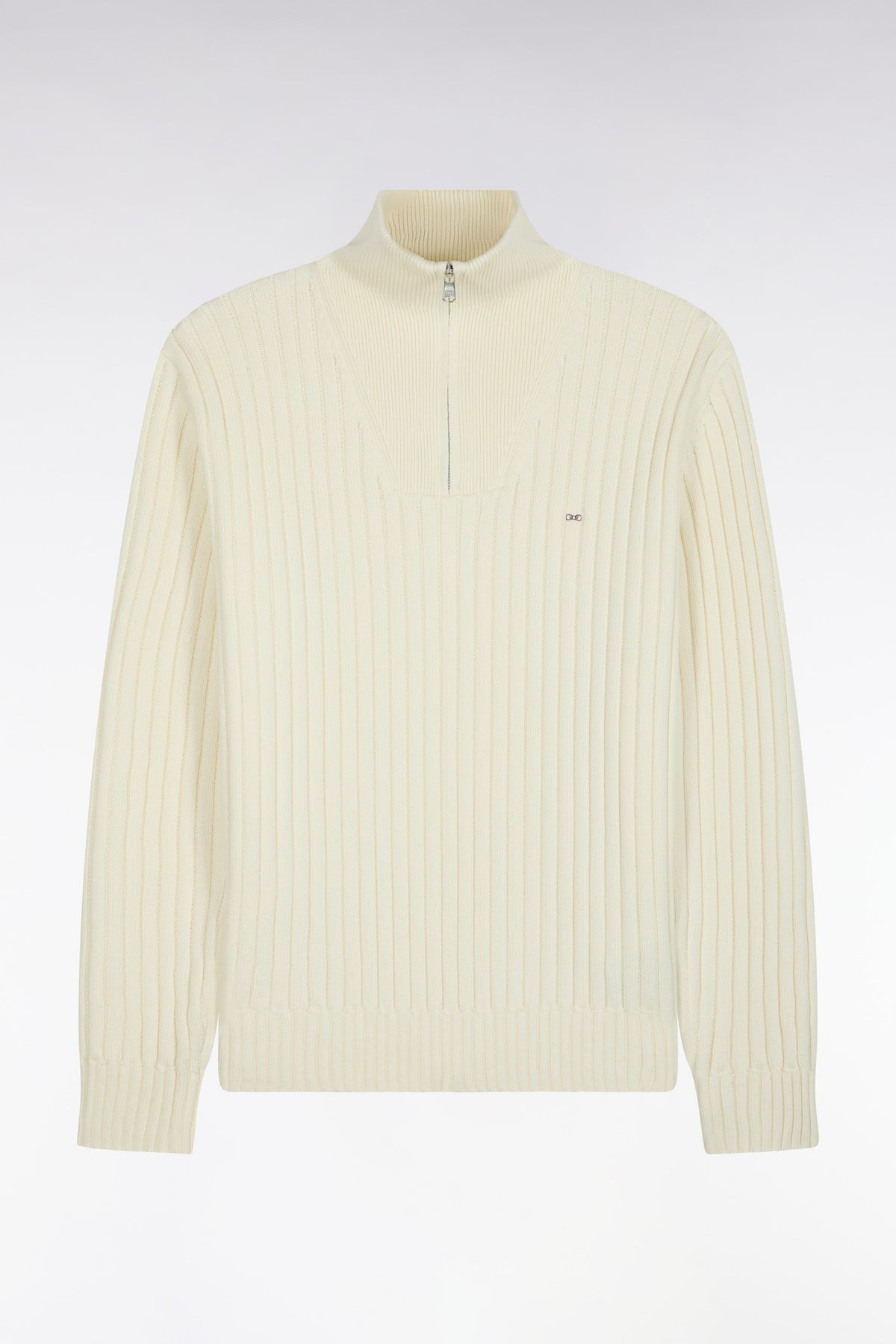 Pull col camionneur en laine et coton écru côtelé coupe droite