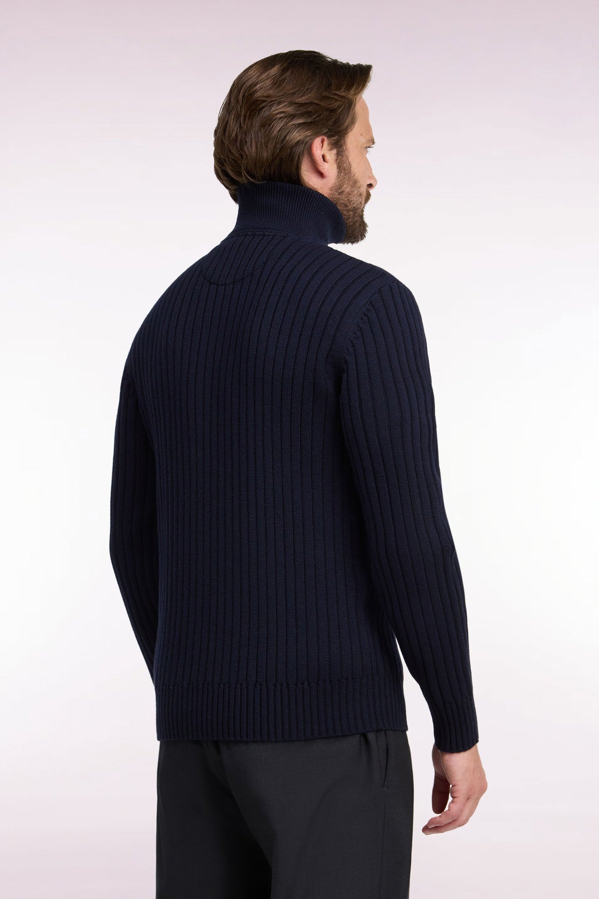 Straight cut ribbed navy wool and cotton trucker neck sweater